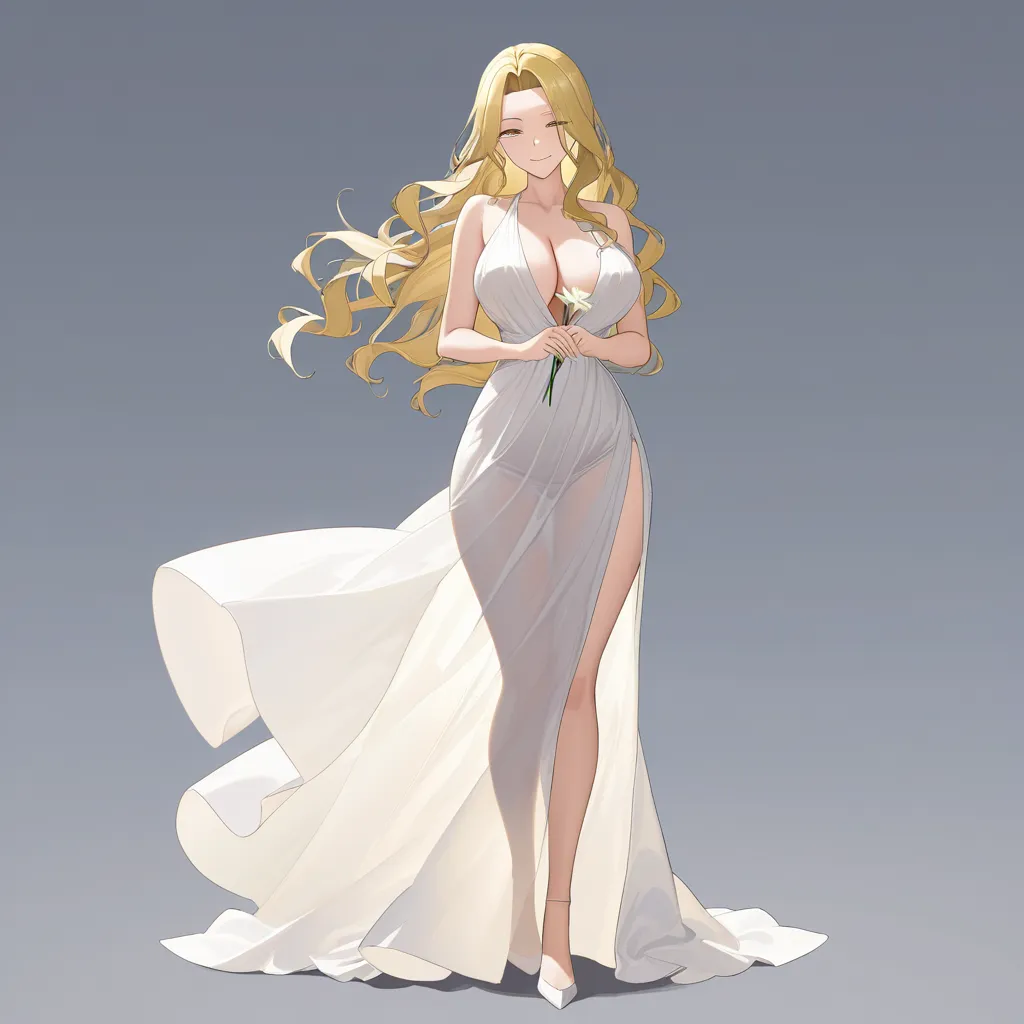 masterpiece, best quality, ultra-detailed, 8k uhd, anime style, 1girl, mature female, milf, beautiful detailed face, seductive smile, half-closed eyes, long blonde hair, wavy hair, hair flowing in wind, standing, full body, white dress, greek goddess dress, flowing white gown, toga, see-through silhouette, holding flower, white lily, lily stems in both hands, elegant pose, marble pergola, ancient greek architecture, white columns, winding branches, lily leaves, garden background, soft lighting, cinematic composition, depth of field, detailed background, ethereal atmosphere WUZHNNJDOJPBRCHQ, hentai_studio_quality