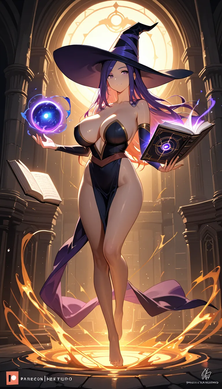 sorceress, orb, in a enchanted tower, levitating books, mystic symbols, big tits, naked, warm lighting