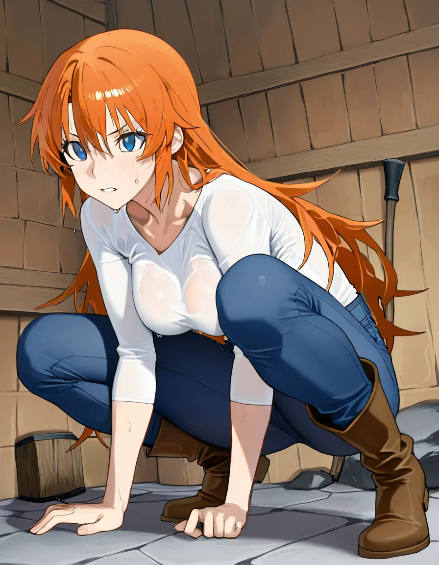 Nagi from the anime “Ruri Rocks”: Nagi is wearing her normal outfit of a long-sleeve white top, long blue pants, and brown boots. Her top is barely keeping her breasts inside.

Nagi is cracking open a rock with her hammer. As she does so, sweat drips down the swell of her breasts.

Nagi's face is able to be seen, with her big violet eyes and long black hair as normally shown in the series., (anime style:1.3), 2d, anime screencap, cel shading, flat color