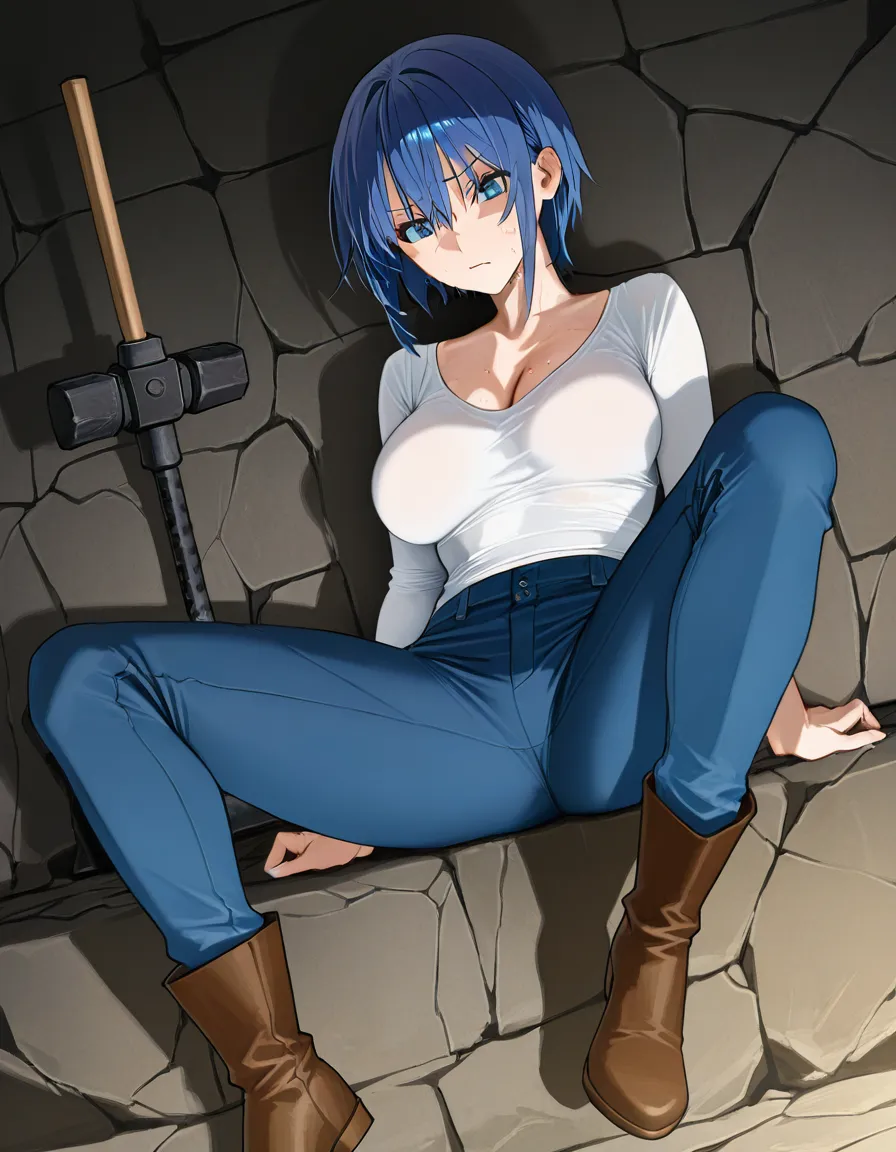 Nagi from the anime “Ruri Rocks”: Nagi is wearing her normal outfit of a long-sleeve white top, long blue pants, and brown boots. Her top is barely keeping her breasts inside.

Nagi is cracking open a rock with her hammer. As she does so, sweat drips down the swell of her breasts.

Nagi's face is able to be seen, with her big violet eyes and long black hair as normally shown in the series., hentai_studio_quality