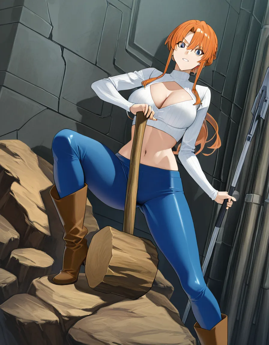 Nagi from the anime “Ruri Rocks”: Nagi's body and breasts are busty, and she is wearing her normal outfit (from the series) of a long-sleeve white top, long blue pants, and brown boots. Her top is barely keeping her breasts inside.

Nagi is cracking open a rock with her hammer. As she does so, sweat drips down the swell of her breasts.

Nagi's face is able to be seen, with her big violet eyes and long black hair as normally shown in the series., hentai_studio_quality, (anime style:1.3), 2d, anime screencap, cel shading, flat color