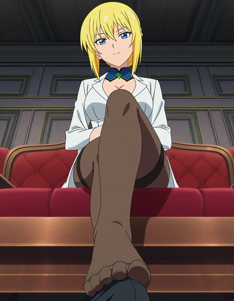 blonde woman in stockings giving footjob, (anime style:1.3), 2d, anime screencap, cel shading, flat color