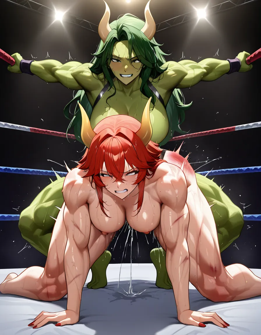 Zentreya_(vtuber)_dragon_horns_red_hair , she-hulk, 2girls yuri sex , wrestling_ring, wrestling orgasm pussy_juice, defeated, squirting , bruised, sweat strap-on vaginal nude doggystyle sex_from_behind all_fours bent_over spank, hentai_studio_quality, hentai_studio_quality, hentai_studio_quality