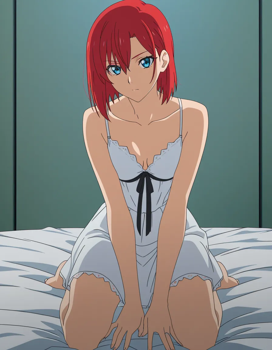 absurdres, highres, redhead crossdressing , kneeling on bed, collarbone, military, soft cel shading, (anime style:1.3), 2d, anime screencap, cel shading, flat color