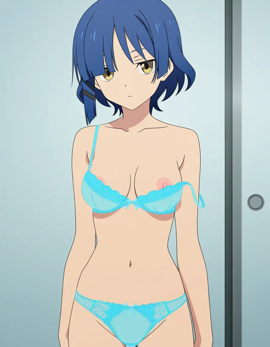 hentai_studio_quality, (anime style:1.3), 2d, anime screencap, cel shading, flat color, @yamada_ryo, lingerie, nipple_slip, blue_panties, hentai_studio_quality