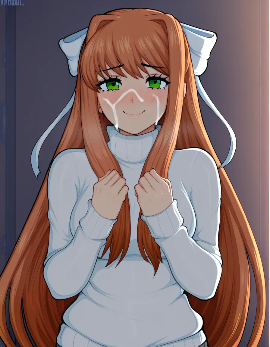 afrobull_artstyle, @monika_(doki_doki_literature_club), 1girl, solo, hair_down, full-face_blush, smile, turtleneck_sweater, white_sweater, facial, cum, looking_at_viewer, (anime style:1.3), 2d, anime screencap, cel shading, flat color, @00osamio00