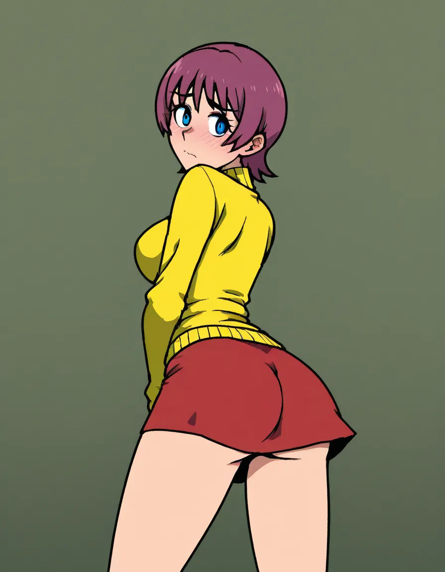 akairiot_artstyle, @madotsuki, 1girl, solo, aged_up, medium_breasts, ass, skirt, sweater, embarrassed, standing, looking_back, from_behind, (anime style:1.3), 2d, anime screencap, cel shading, flat color, @00osamio00