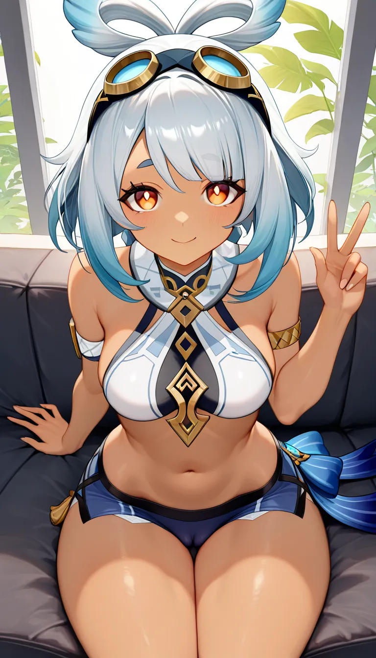 Masterpiece,  1girl,  Mualani character from genshin impact, outfit, Guider smile,  skirt & shorts, Cameltoe, sitting, thighs together, lightweight body, .,,, value:0.1 for: hentai_studio_quality.,,,,,,,, hentai_studio_quality, hentai_studio_quality, hentai_studio_quality, hentai_studio_quality
