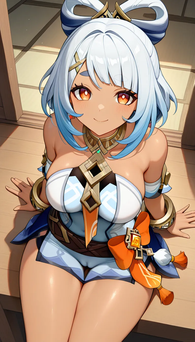 Masterpiece,  1girl,  Mualani character from genshin impact, outfit, Guider smile,  Mualani's skirt, Cameltoe, sitting, from above, thighs together, lightweight body, .,,, value:0.1 for: hentai_studio_quality.,,,,,,,, hentai_studio_quality, hentai_studio_quality, hentai_studio_quality, hentai_studio_quality, hentai_studio_quality, hentai_studio_quality, hentai_studio_quality