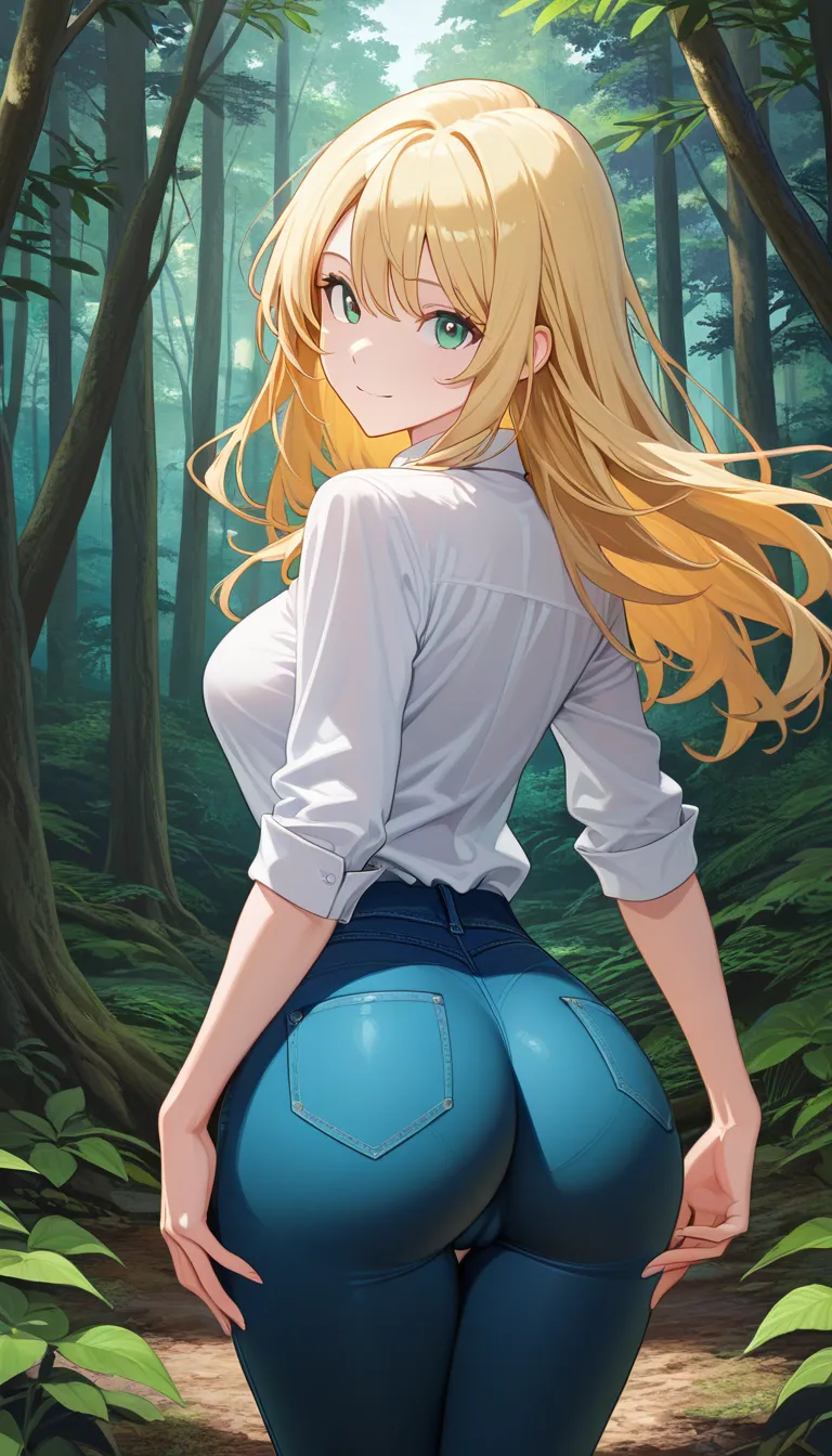 1 no bad drawing. single frame, professional art, shirt visible, Masterpiece, natural perky medium ass, natural perky medium breasts, , look at viewer,1 girl, forest background, With Long blonde hair, blue and green eyes, from behind, standING, legs together, blue pants, blue unbuttoned shirt, cameltoe, soft smile ... single continuous shot, full widescreen view, one single image, uninterrupted scene, no borders, no panels, wide angle cinematic photograph, single perspective, edge-to-edge frame., hentai_studio_quality