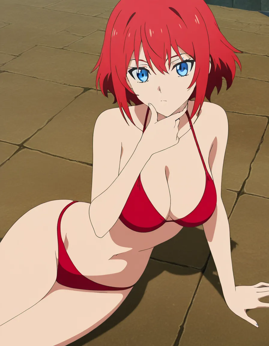 A female character with long red hair and blue eyes. She has a small torso with medium sized breasts. She has wide hips and a thin waist. She is wearing a red bikini. She is lying forward on the ground. Her chin touching the ground.,, (anime style:1.3), 2d, anime screencap, cel shading, flat color