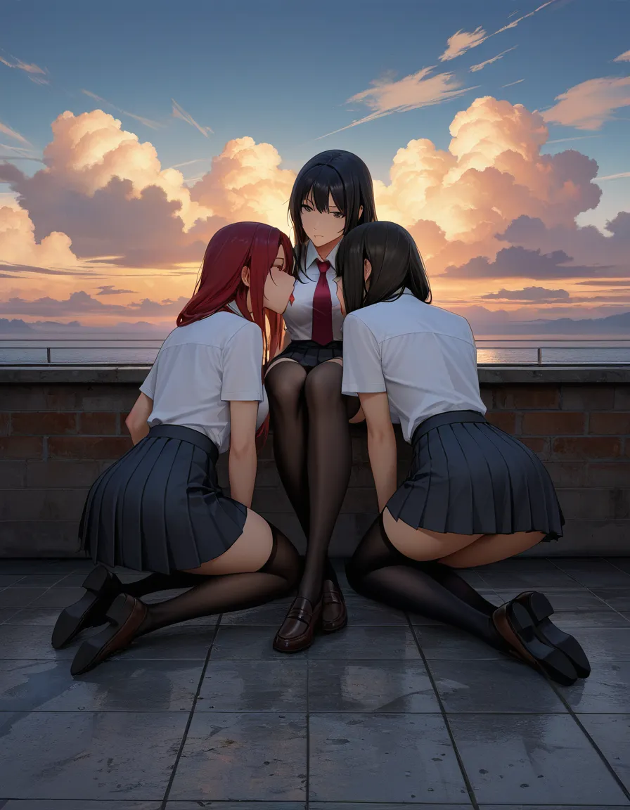 professional photo, high detail, 3girls, black thighhighs, pleated skirt, blowjob, cloud, cinematic realism, hentai_studio_quality