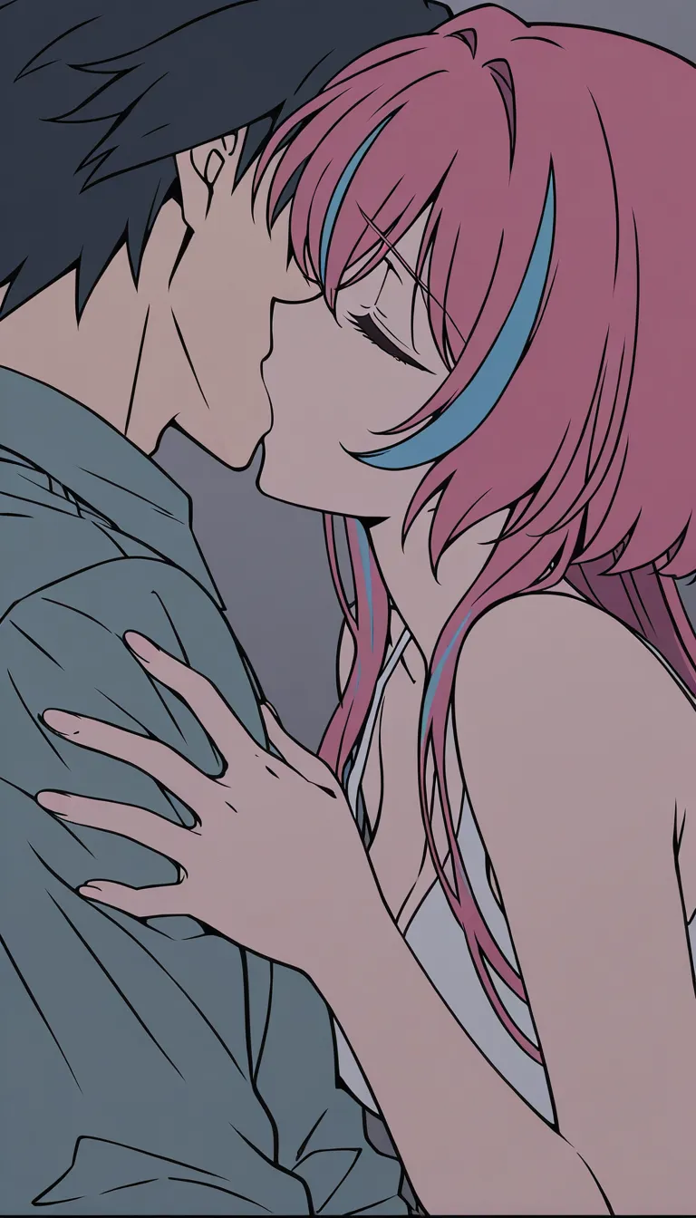 masterpiece, finely detailed, couple, streaked hair, shirt, oral, intense passion, side view, 2D illustration