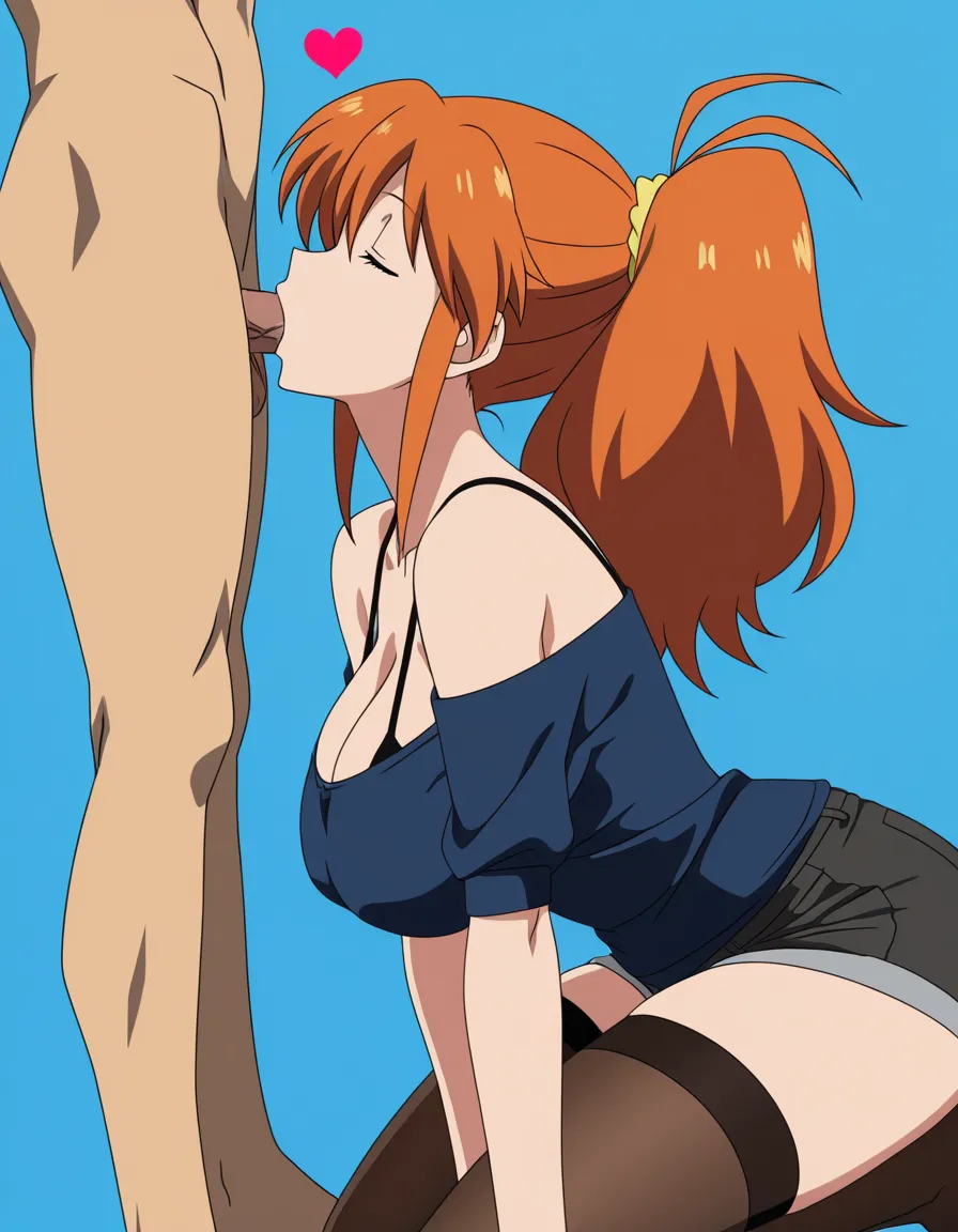 masterpiece, hot mom thighhighs, heart, blowjob, blue background, doujin style, (anime style:1.3), 2d, anime screencap, cel shading, flat color