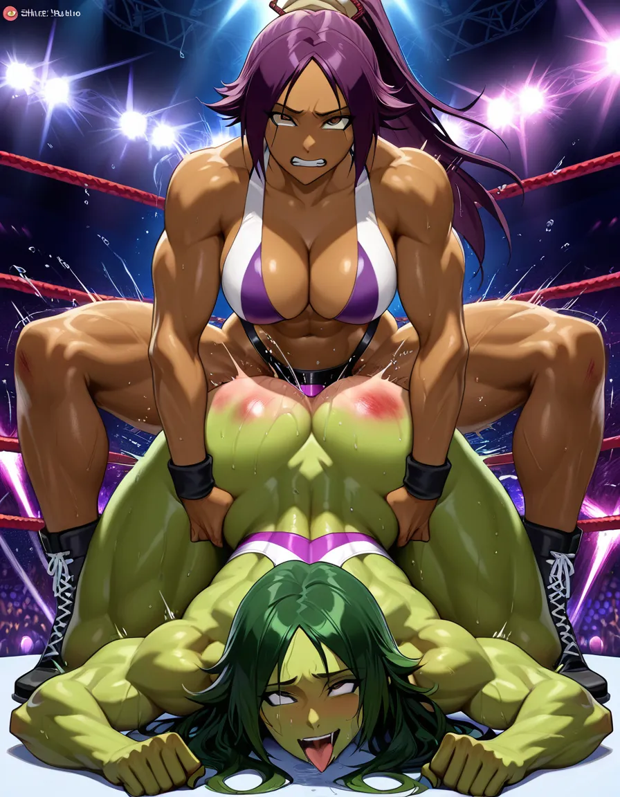 She-hulk, @shihouin_yoruichi , 2girls yuri sex , wrestling_ring, wrestling orgasm pussy_juice, defeated, squirting , bruised, strap-on vaginal , doggystyle top-down_bottom-up, ahegao spank, hentai_studio_quality