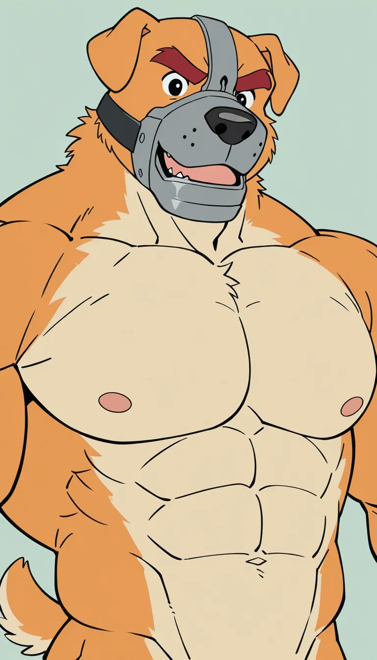 best quality, high quality, amazing quality, male, solo, anthro dog, buff, big and huge muscles, orange body/fur, thick arms, short tail, black eyes, thick red eyebrows, short ears, gray muzzle, black nose, grinning, wide grin, happy, orange belly, orange breast, tusks, angry, green beanie with red "D", bulldog, nipples, navel, naked, penis, fighting, kicking, humanoid feet, 5 toes