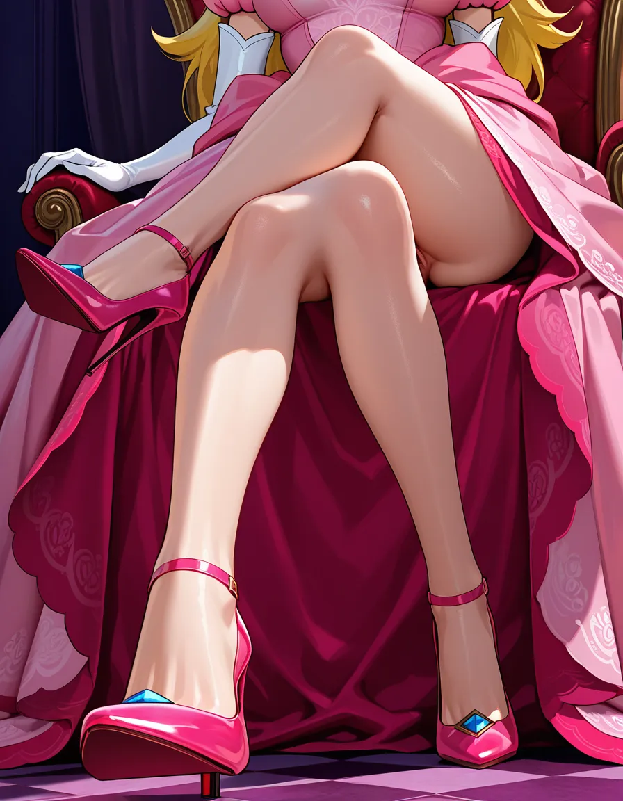 best quality, explicit detail, princess peach, smiling, sitting on an chair wearing a pink dress and pink high heels stepping on a pussy of a woman lying on the ground, hentai_studio_quality