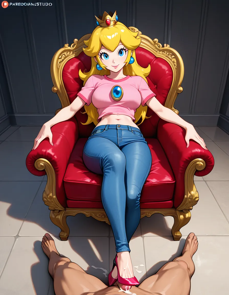 Princess peach, pink navel shirt, tight blue jeans, white peeptoe pumps, sitting on chair, smiling at viewer, giving shoejob to a naked man lying on the ground, small cock, cum, hentai_studio_quality, hentai_studio_quality