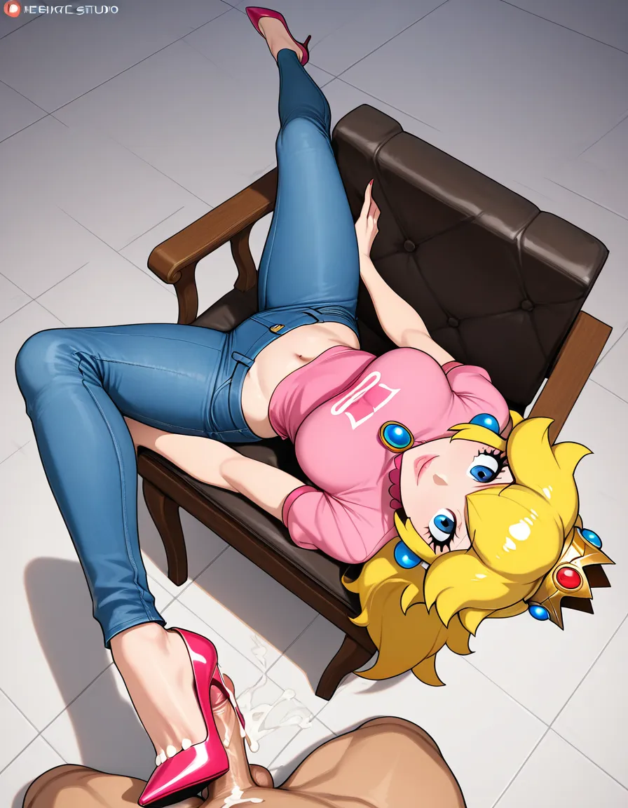 Princess peach, pink navel shirt, tight blue jeans, white peeptoe pumps, sitting on chair, smiling at viewer, giving shoejob to a naked man lying on the ground, small cock, cum,, hentai_studio_quality, hentai_studio_quality