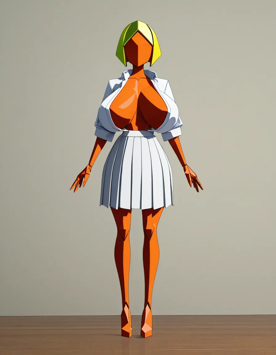 1girl, origami girl, faceless, paper texture, 8k uhd photo, low poly, full body, front view, huge breasts, pointy breast, breasts_apart, white blouse, open blouse, white skirt,, (anime style:1.3), 2d, anime screencap, cel shading, flat color, @00osamio00, hentai_studio_quality, paper, paper girl, doll joints, spiky breasts,, score_9, score_8, 3d render, octane render, subsurface scattering, ray tracing, smooth shading