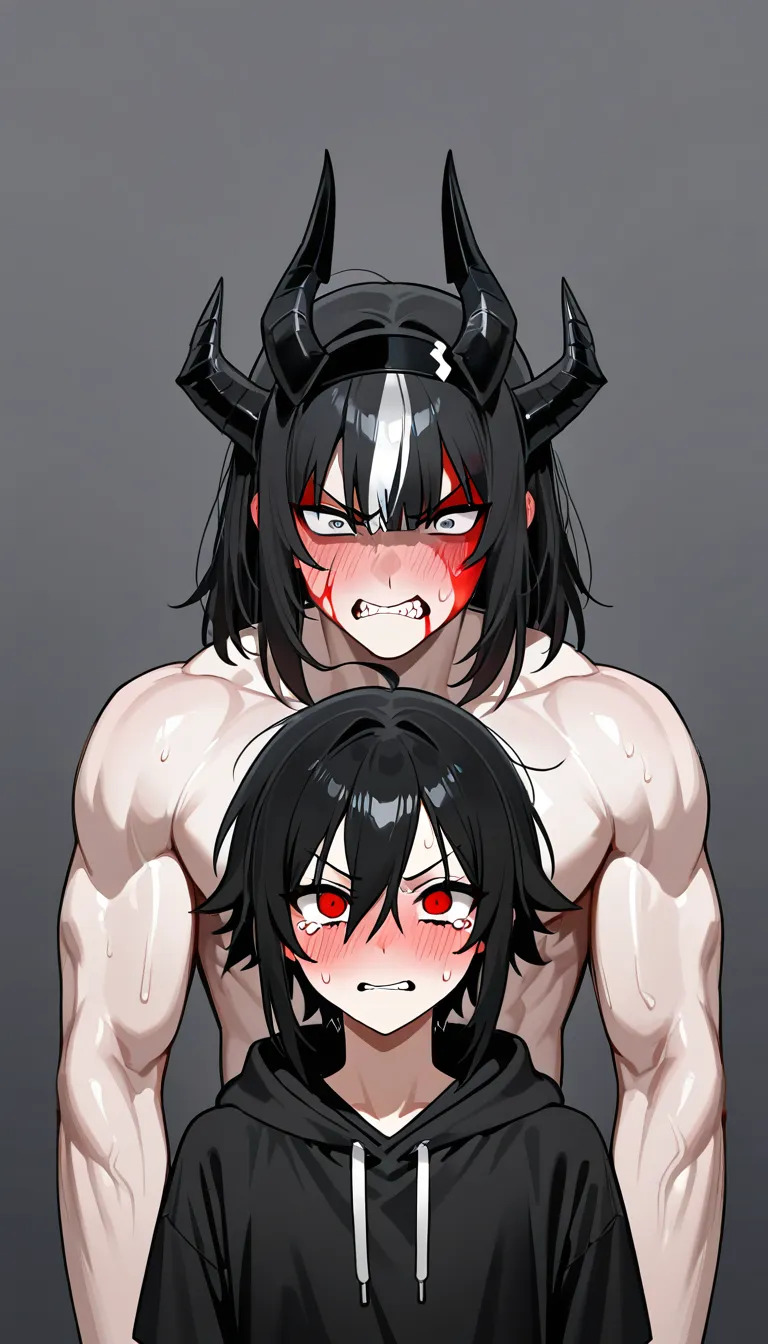 two young adult male roblox-style anime characters, left character is dominant aggressive top with long black hair, black horns headband, pale white face, sharp angry eyes, wearing black shirt, muscular build, right character is submissive bottom with messy spiky black hair, blushing red face with sweat and tears, wearing black hoodie with "LOSER" written and red X, both fully nude, left character pinning the right one down hard on bed, rough sex position, dominant holding neck and hip tightly, submissive looking overwhelmed and pleasured, intense expression, sweat, saliva, highly detailed skin texture, explicit penetration, hardcore gay hentai style, dark bedroom lighting, sharp focus, no censorship, no blur, high quality