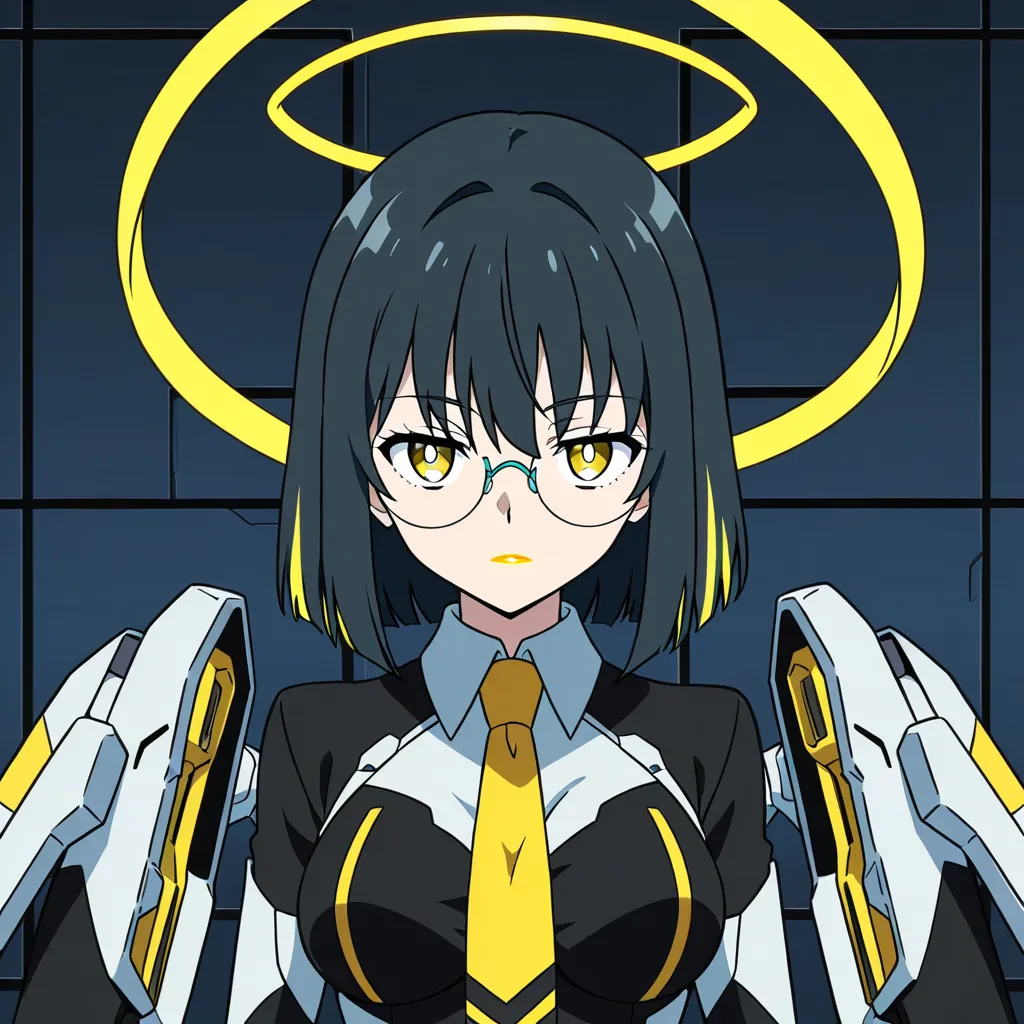 1girl,   black hair, glasses, rectangle black frame glasses,   yellow highlights, medium hair, yellow eyes, light blue ring around pupils, bright pupils,  mecha musume, medium breasts, breasts, yellow lip stick, halo, halo above head, light blue halo, halo in the shape of a accretion disk, leotard, legs, bare shoulders, sexy, skin tight, tight clothes,  serious,   {finger-loop sleeves}, gauntlet sleeve, thighhighs,  thighhighs with with glowing cyan energy trim, black, flat-heeled latex Go-Go boots with frontal zippers,  1 male, white male, featureless male,   saliva trail, saliva,  nsfw, {{disgust, disgusted expression}}, {{aggressive male,   very sweaty, sweaty clothes, visible air, wrist cuffs, tongue, sloppy deepthroat, penis penetration, doggy style, sex , grabbing hair, strangling, hardcore sex, rough sex, torn leotard, torn clothes, nipples, breasts, tied up, restraints, restrained,}}