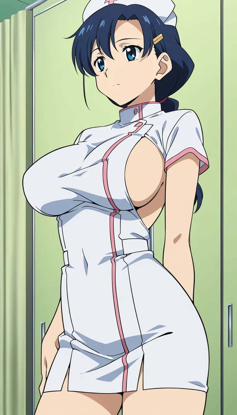 masterpiece, fine detail, nurse, sideboob, hairclip, mature_female, doujin style