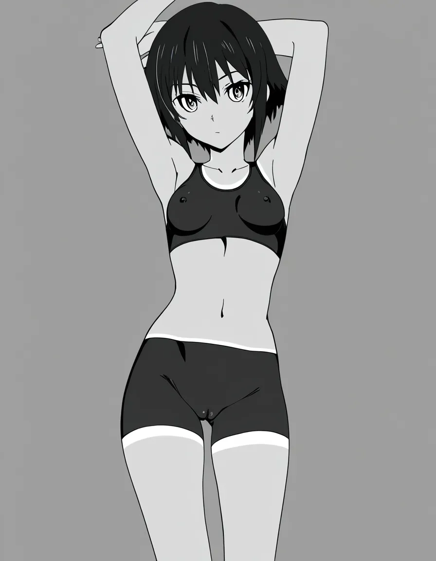 1girl, short_hair, arms_up, small_breasts, tanlines, bike_shorts, covered_nipples, uncensored, greyscale., (anime style:1.3), 2d, anime screencap, cel shading, flat color, @00osamio00
