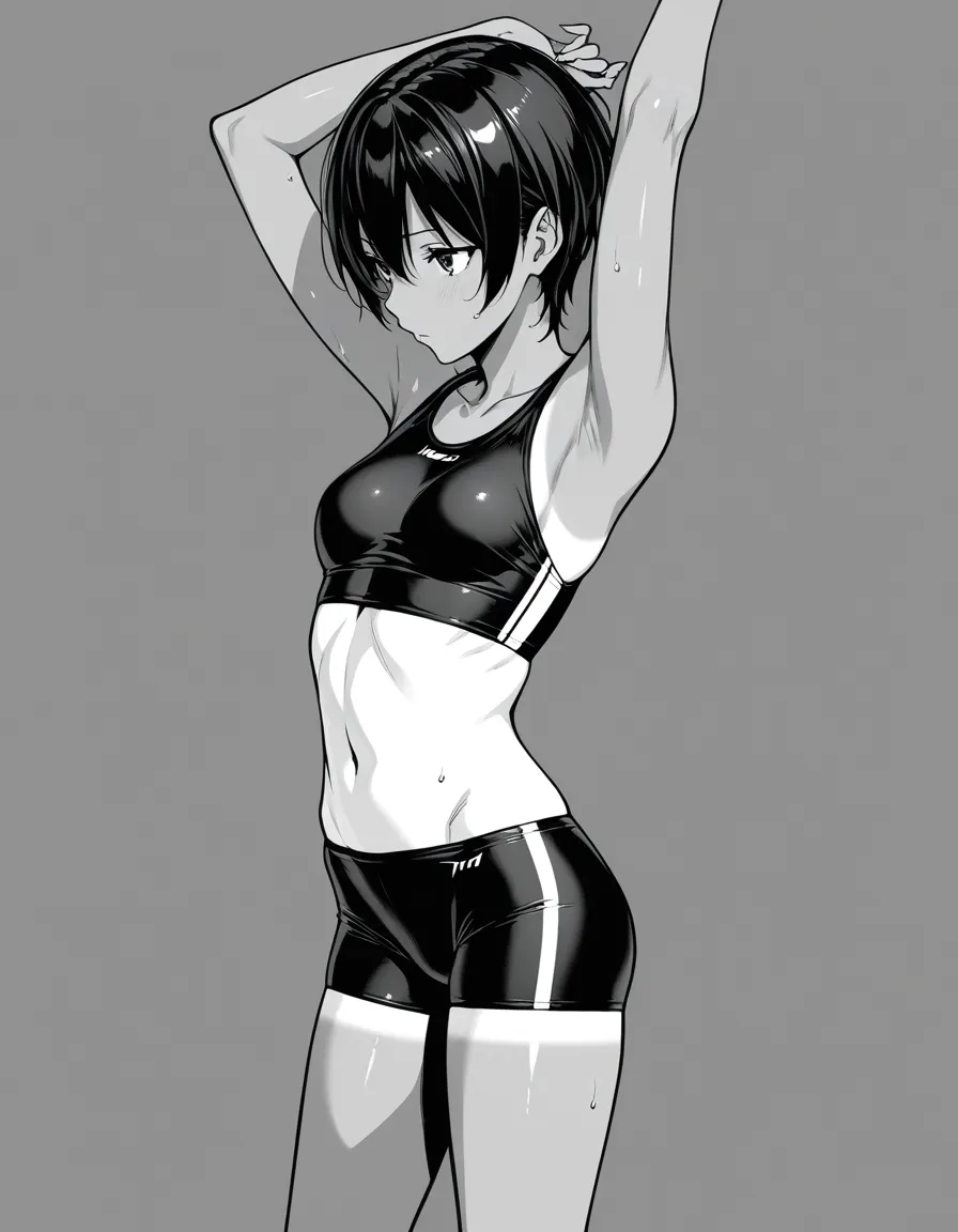 1girl, short_hair, arms_up, small_breasts, tanlines, bike_shorts, greyscale., hentai_studio_quality