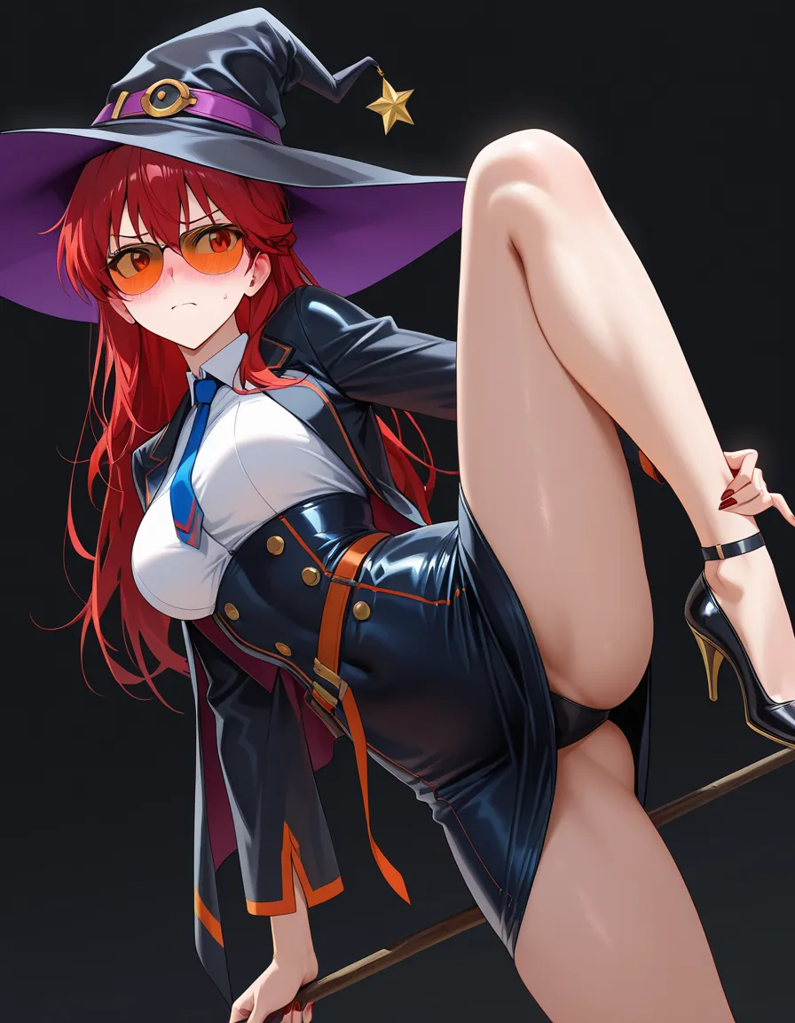 masterpiece, clean art, witch, sunglasses, necktie, leg up, black background, submissive blush, vivid anime colors, hentai_studio_quality