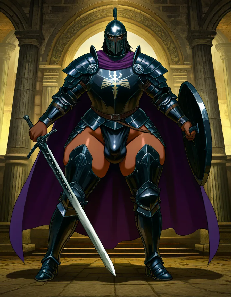 tall futanari praetorian guard, with roman pretorian legionary black metal armor segmentata, gladius sword , black metal shield, black hair, plump body, chubby, bimbo, purple cloak, black roman helmet mask, brown skin, guarding the gate, looking fuckable, bulge,  wide_hips legs_apart angry, (anime style:1.3), 2d, anime screencap, cel shading, flat color, @00osamio00