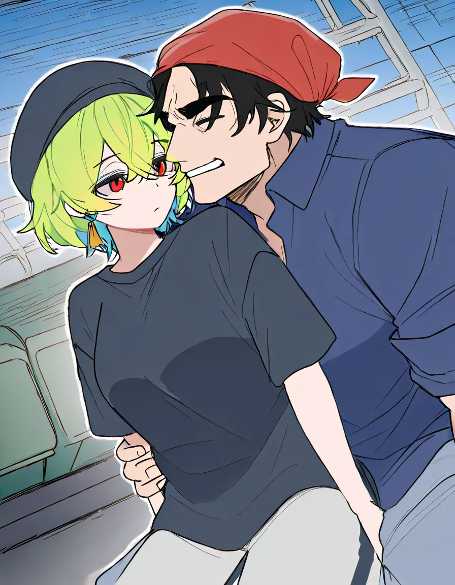 Create a manga based on the script below: ako si Jimbo isang empleyado sa pabrika. Minsan ay nagkasabay kami ni Ms. Carie sa pagdeliver ng produkto gamit ang aming lumang truck. Sa init ng panahon, hindi na nkatiis c Ms. carie na hubarin ang damit. Nakita kong wala syang suot na bra kaya tanaw ko ang malaki nyang boobs. Sabi ko sa kanya, “mainit po ba Ma’am?, (anime style:1.3), 2d, anime screencap, cel shading, flat color, @00osamio00