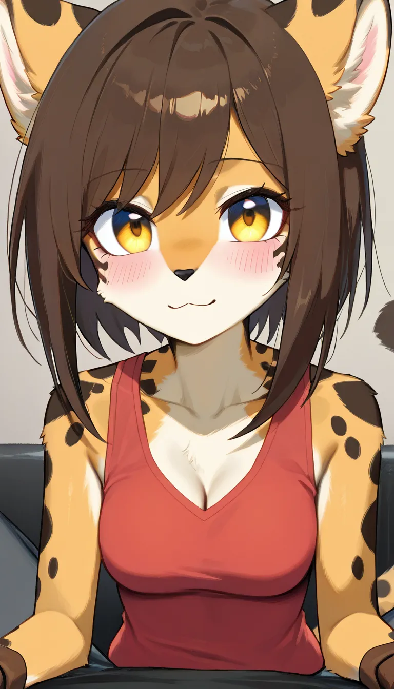 A female furry cheetah woman with brown hair, which lengths is just a bit shorter than shoulder length with warm, caring yet curious golden eyes, her frame lithe and graceful specialized on speed and agility. With a shy demeanor, which gets overshadowed by her caring, gentle and affectionate personality during certain moments. Who also seeks companionship, trust and love. She stands inside a spaceious shower cabin, from a round shower head falls the water down in droplets onto her body. Her whole body is visible from her head down towards the paws she stands on. Standing on two legs, her hands carefully wandering around her body to apply the special shower gel onto it. Her breasts with the size of 40D. Her eyes are closed and her gaze relaxed., hentai_studio_quality