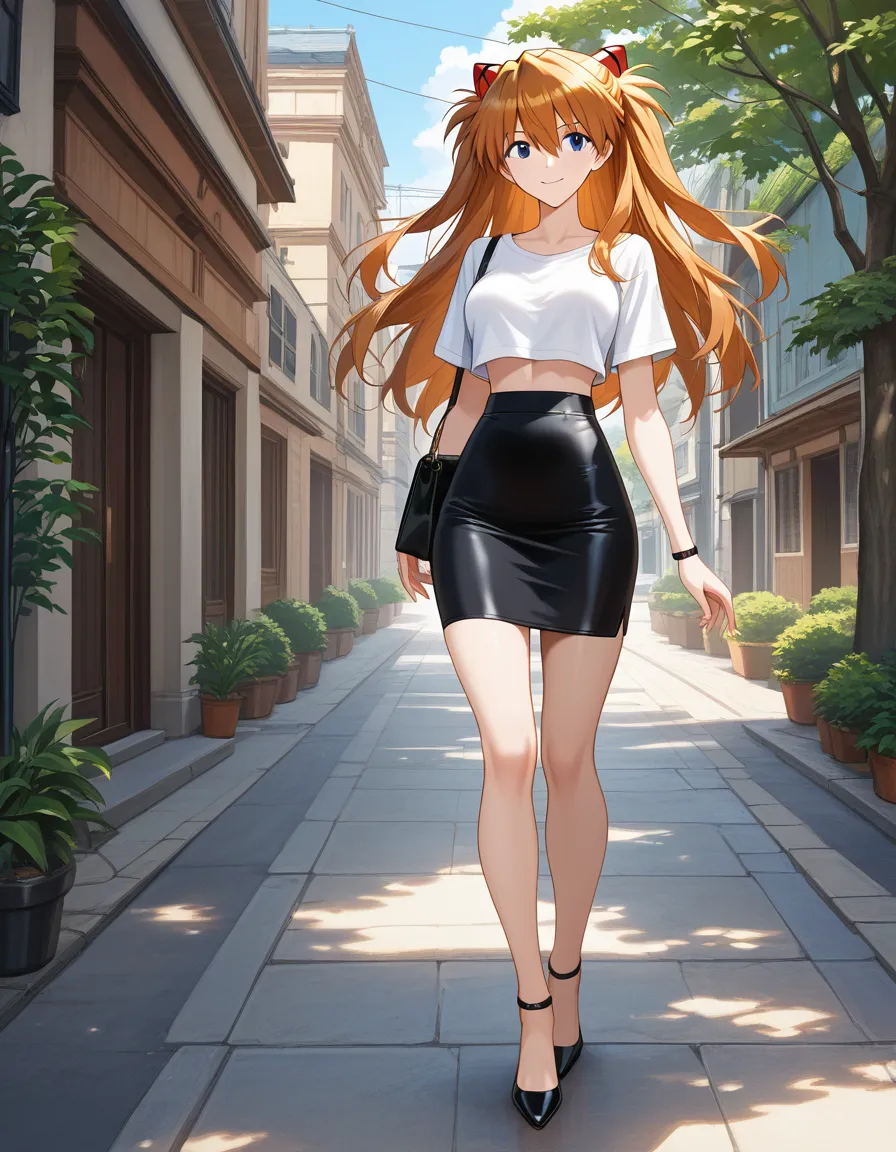 /masterpiece /ultra_detailed /highres @souryuu_asuka_langley #contemporary #pencil_skirt #crop_top #smile #outdoors, hentai_studio_quality