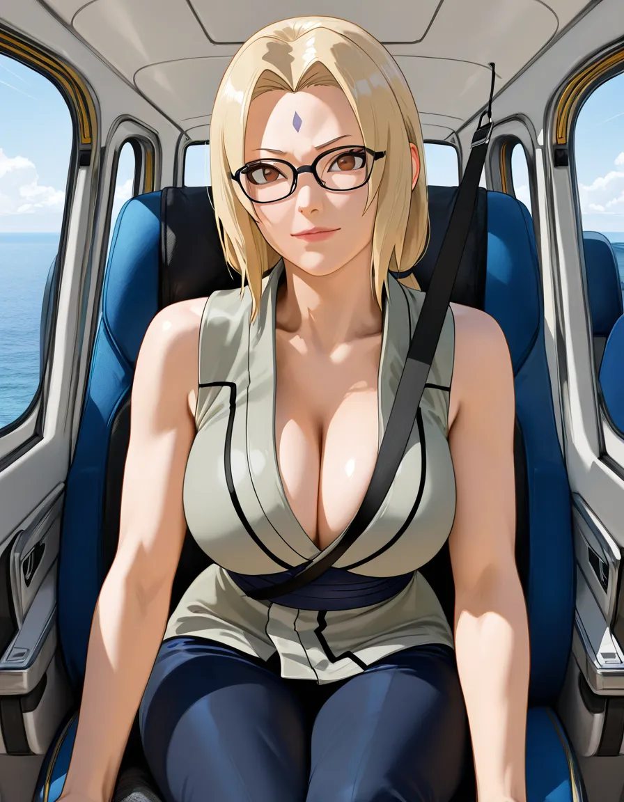 @tsunade_(naruto) ,realistic skin, sitting on wide airplane seat. A matte silver buckle secures a thick fabric seatbelt across the lap. The upper body leans forward, leaving the arms hanging still at the sides. The skin is smooth, pressed against the plush chair, digital illustration comic-influence high detail, cute expression, bedroom eyes, short hair, glasses, 50mm lens, 4k masterpiece, tight body, narrow waist, orange glow from windows, slightly chubby, skinny legs, slender arms, angular well-proportioned face, yellow sundress, long thick wiry straight hair with long bangs, hentai_studio_quality, hentai_studio_quality, (anime style:1.3), 2d, anime screencap, cel shading, flat color