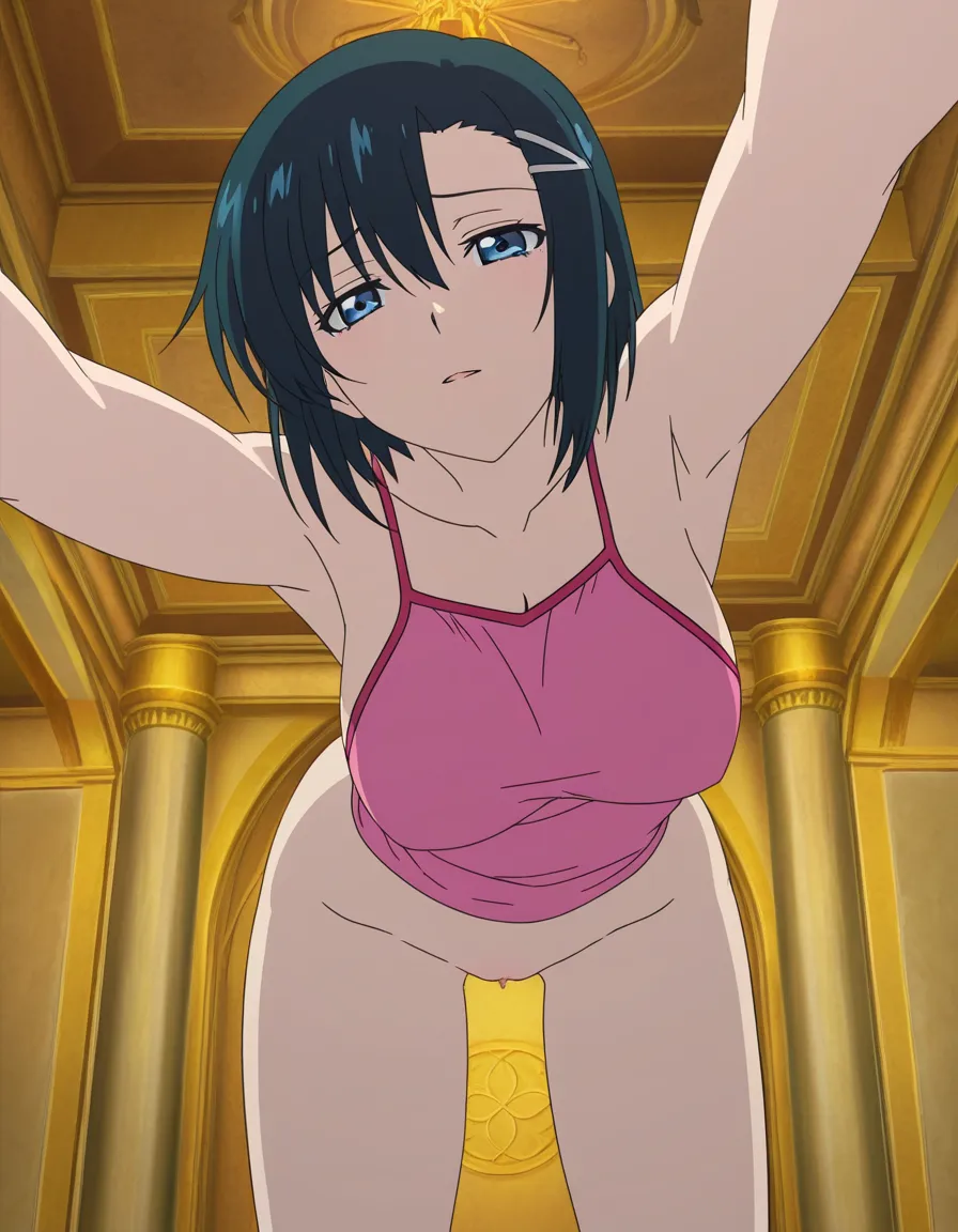 best quality, explicit detail, princess, bent over, armpits, hairclip, visual novel art, (anime style:1.3), 2d, anime screencap, cel shading, flat color