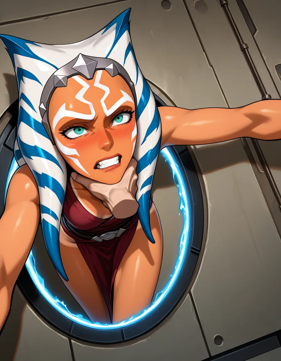 masterpiece, fine detail, best quality, very aesthetic , ahsoka tano from Star Wars, petite, tanlines, choking, portal, hentai_studio_quality
