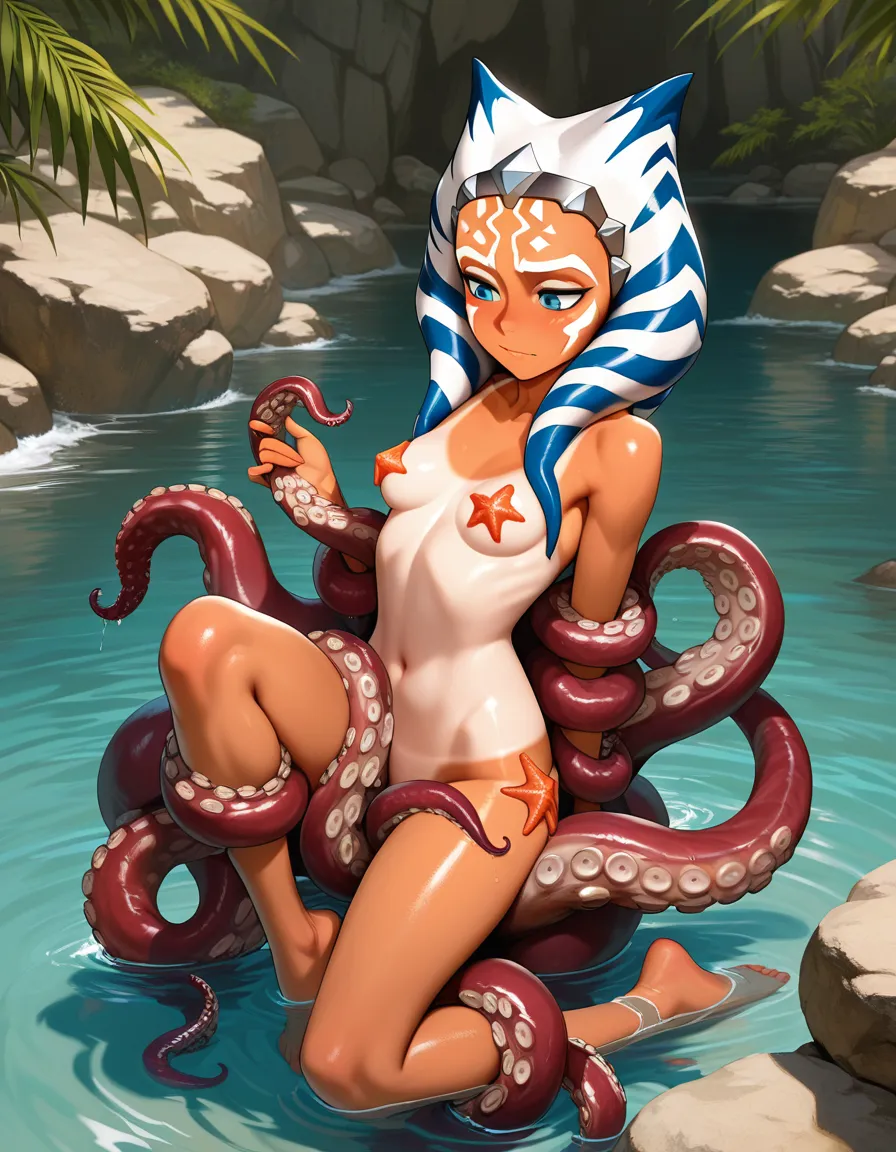masterpiece, fine detail, best quality, very aesthetic, ahsoka tano from Star Wars, petite, tanlines, starfish on nipples, octopus tentacles wrapped around body, hentai_studio_quality, hentai_studio_quality