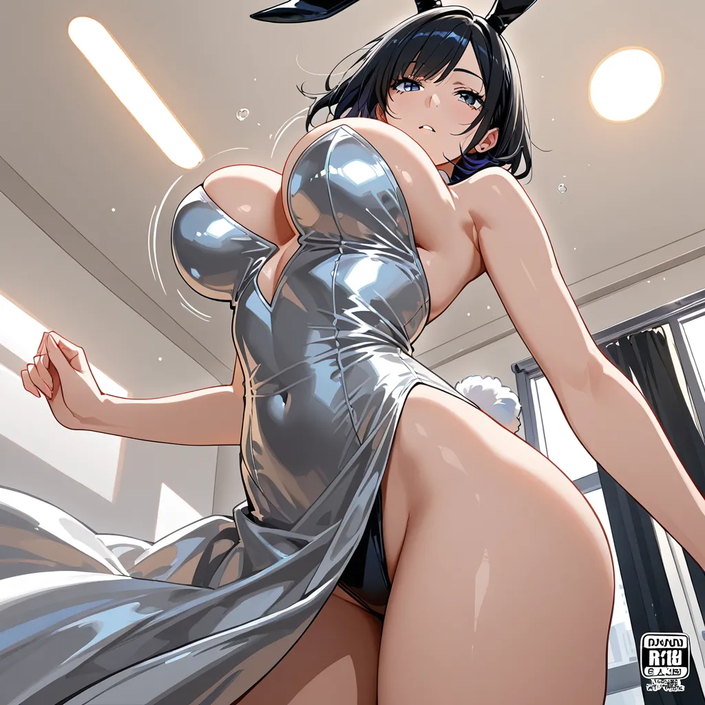 masterpiece, clean art, bunny girl, dress, bouncing breasts, low angle, doujin style