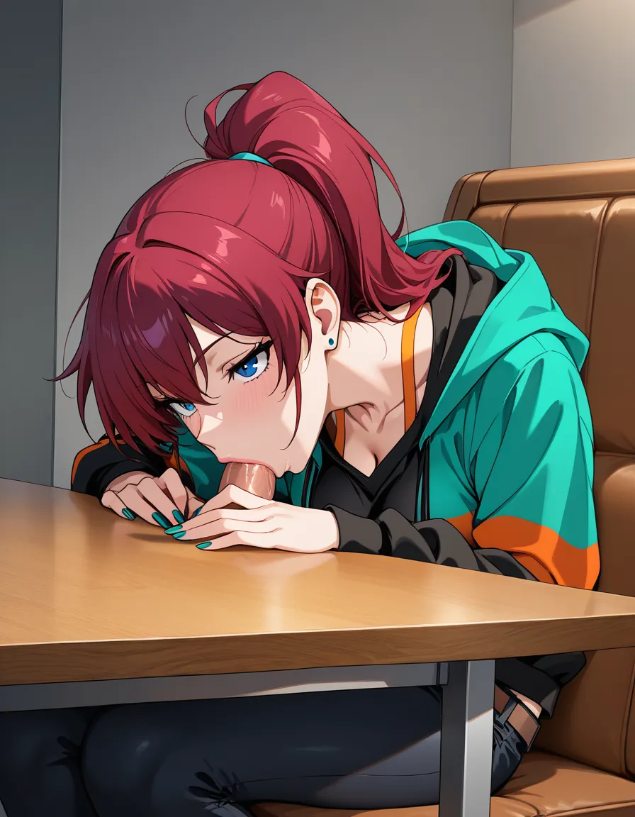 highres, vivid, solo female, blowjob, nail polish, ponytail, table, vivid anime colors, hentai_studio_quality