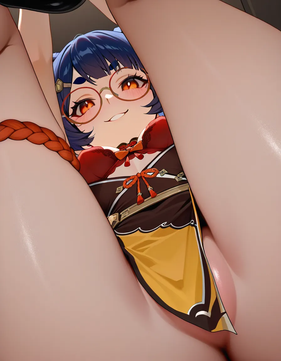 @xiangling_(genshin_impact), glasses, /hentai_studio_quality, small_breasts, naughty_face, red bra, no panties, red_eyes, upskirt, @xiangling_(genshin_impact) outfit, hentai_studio_quality, hentai_studio_quality