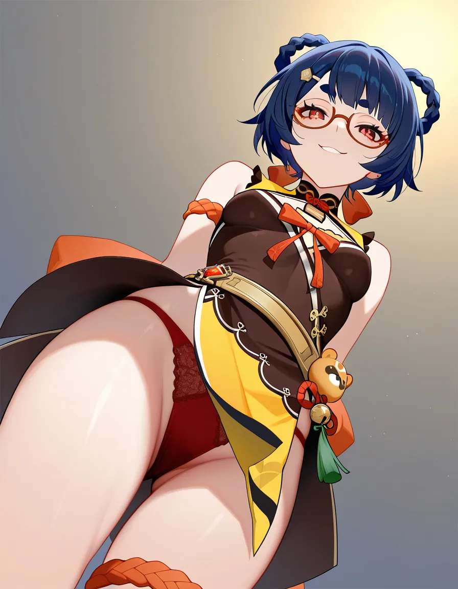 @xiangling_(genshin_impact), glasses, /hentai_studio_quality, small_breasts, naughty_face,no bra, red_panties, red_eyes, upskirt, @xiangling_(genshin_impact) outfit, from_below, hentai_studio_quality