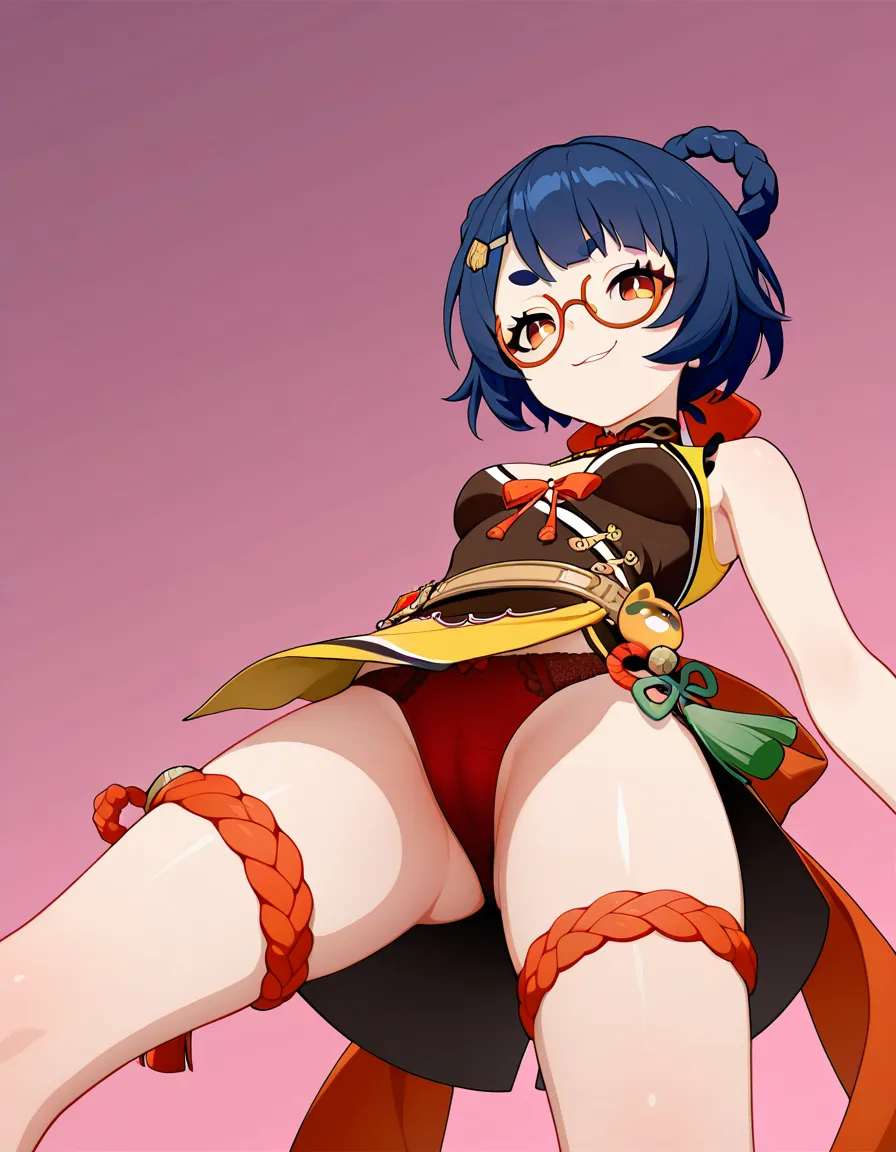 @xiangling_(genshin_impact), glasses, /hentai_studio_quality, small_breasts, naughty_face, no bra, no_shirt, red_panties, red_eyes, upskirt, @xiangling_(genshin_impact) outfit, from_below, hentai_studio_quality, breasts, hentai_studio_quality, hentai_studio_quality
