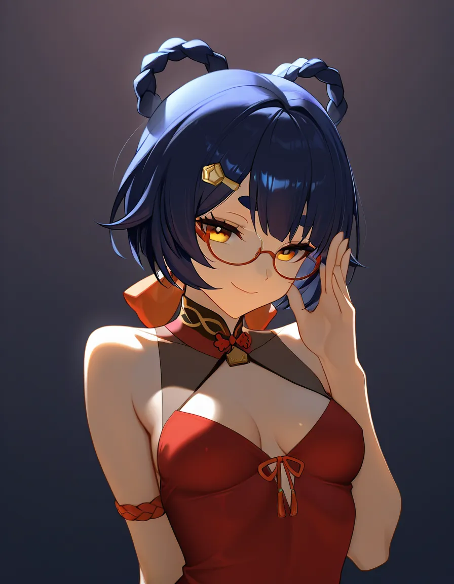 @xiangling_(genshin_impact), seductive_smile, small_breasts, /hentai_studio_quality, /masterpiece, /best_quality, /best_lighting, /ultra_detailed, /highres, no_bra, glasses, black_hair, dark_hair, looking_breasts, hentai_studio_quality, hentai_studio_quality, heavy_breathing, breasts, hentai_studio_quality