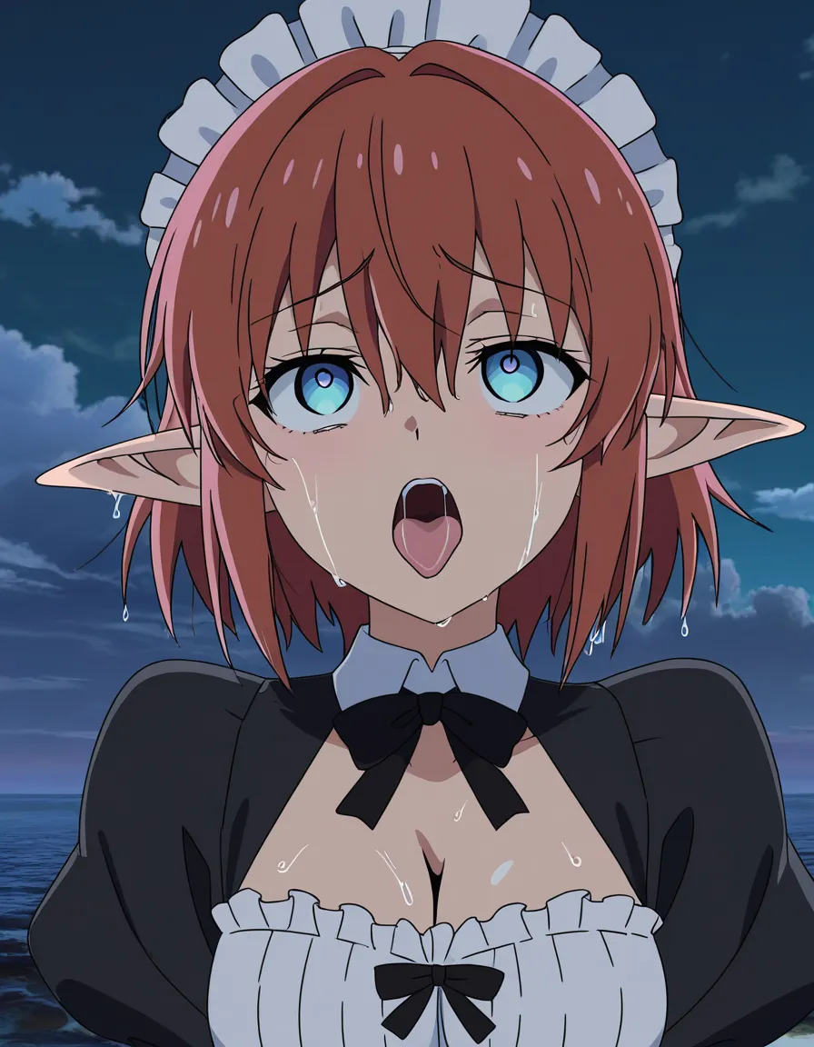 masterpiece, fine detail, maid, wet skin, ahegao, pointy ears, cloud, manga panel look, (anime style:1.3), 2d, anime screencap, cel shading, flat color, @00osamio00