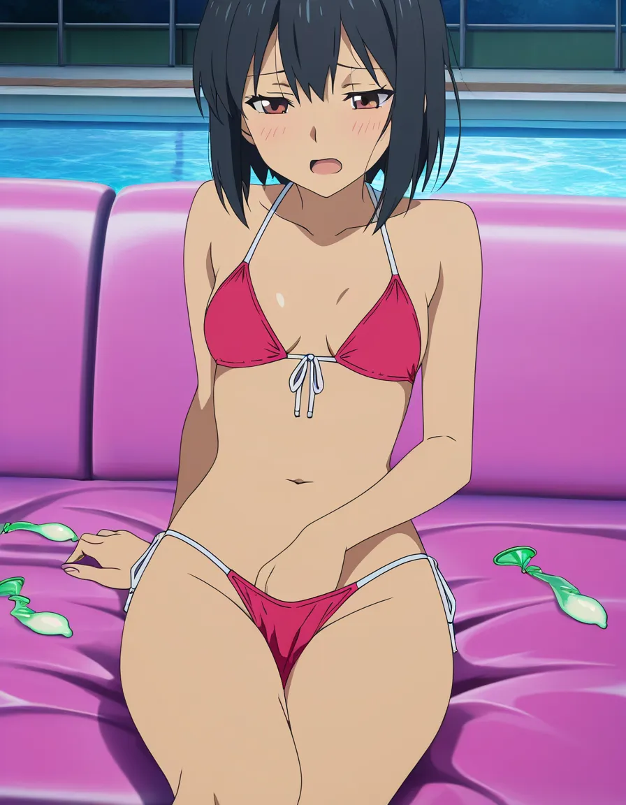 ultra detailed, girl finds used condom full of semen, swimsuit , very small breasts, masturbation, pool party in background,, hentai_studio_quality, (anime style:1.3), 2d, anime screencap, cel shading, flat color