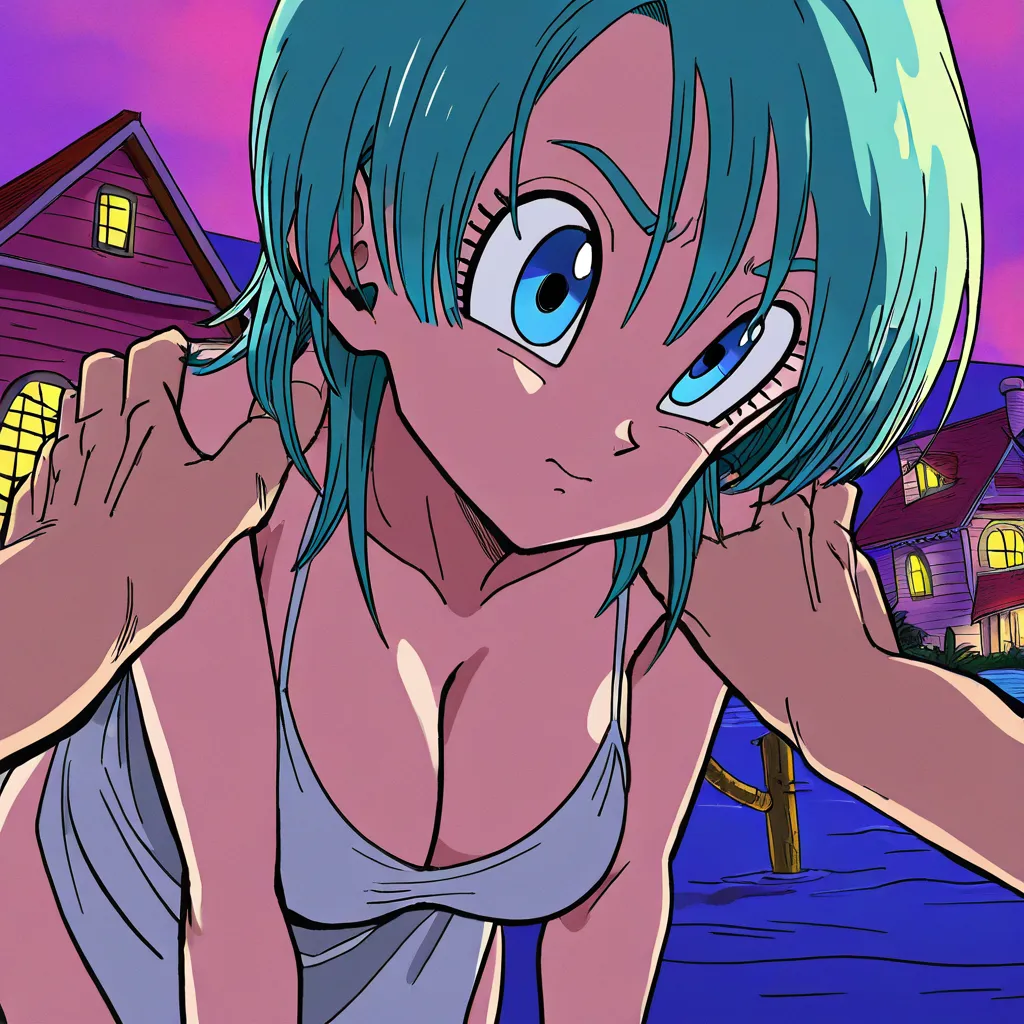 highres, vivid,highres, The characters Bulma and Launch, from Akira Toriyama's anime *Dragon Ball*, are both wearing bikinis and lying sensually on their Capsule Corp towels at the beach near Master Roshi's Kame House. Bulma has blue eyes and straight, light blue hair that reaches her shoulders. Launch serious face expression, green eyes and long voluminous curly wavy, blonde hair that reaches her back and she use red bow on top of her head. Old beard with sun glasses named Master Roshi, he appears behind them with a funny expression upon seeing Bulma and Launch., hentai_studio_quality