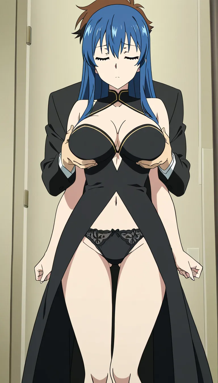 Create an image of a girl wearing a black outfit.
Now, create a video of her walking in her underwear with a guy standing behind her; the guy places his hands on her breasts from behind, and she closes her eyes.