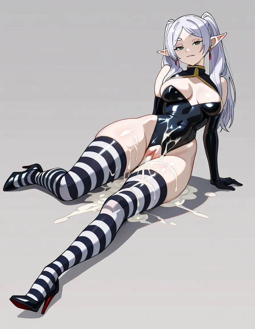 20 years old, @frieren, (frieren:1.5),white hair, perfect pale skin, biting own lip, seductive mouth, slender round breasts, narrow waist, round thighs, crotchless leotard, exposed pussy, striped thigh socks, high heels, shiny skin, cum covered, covered in cum, excessive cum, thick white cum, clitoral_stimulation, dildo in ass, horny, arms_above_head, hentai_studio_quality