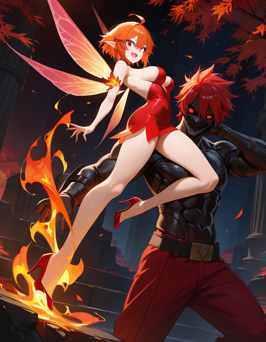 masterpicece, best quality, very detailed, beautiful, amazing lighting, sharp, 1boy, 1girl, short_hair, red_eyes, ahoge, orange_hair, fang, red short dress with flame coloured leaf shaped edges, fairy wings, medium_breasts, breast_cups, cleavage, red high_heels, bare legs, arched_back, sex, squatting cowgirl position, man sitting upright, upright straddle, penis, testicles,, hentai_studio_quality